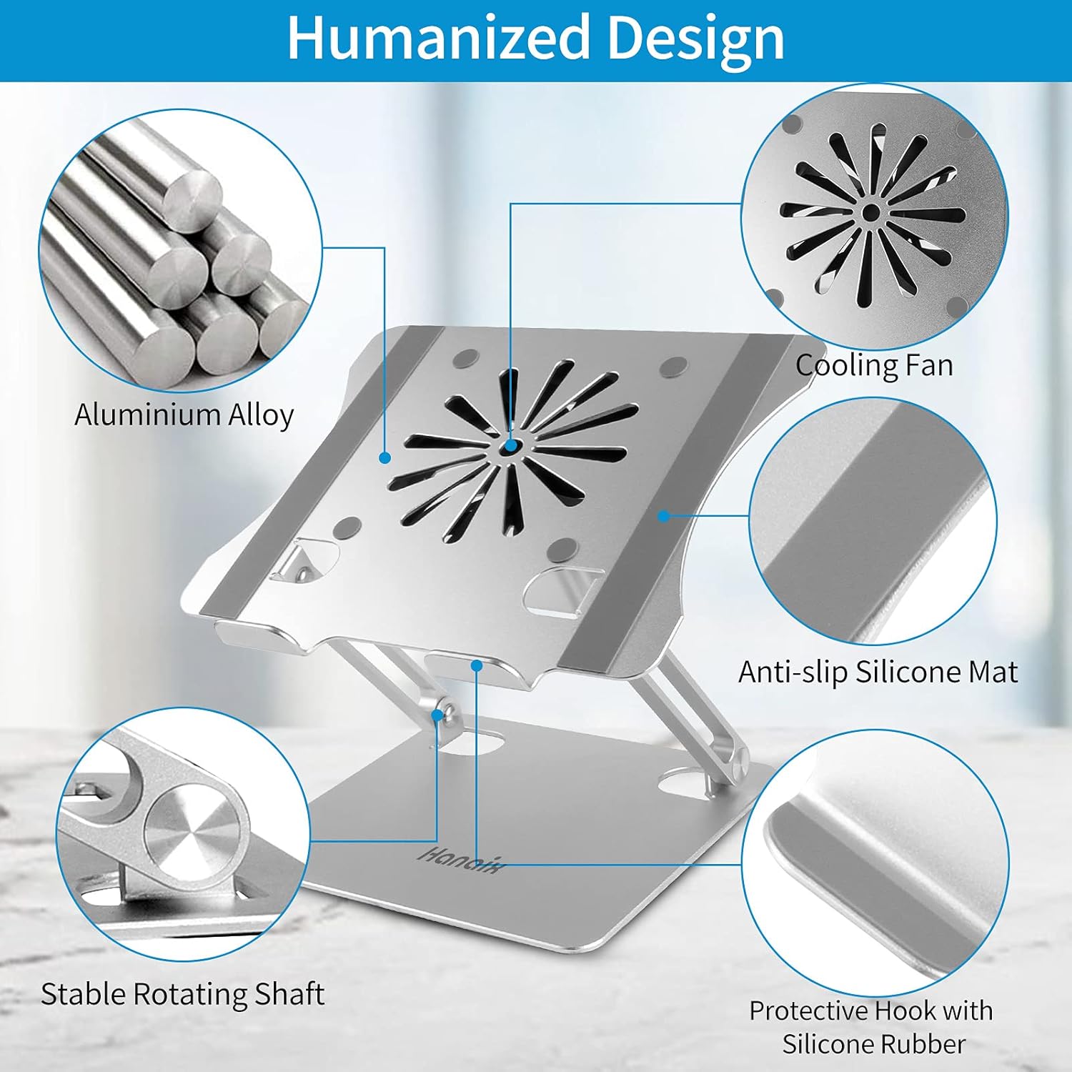 Laptop Stand with Fan, Foldable & Height Adjustable, Compatible with MacBook Air Pro, Dell, HP, Notebook 10-17.3” Silver E127