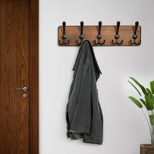 WEBI Coat Rack Wall Mounted, 16" Hole to Hole, 5 Triple Hooks, Black, 2 Packs V713322