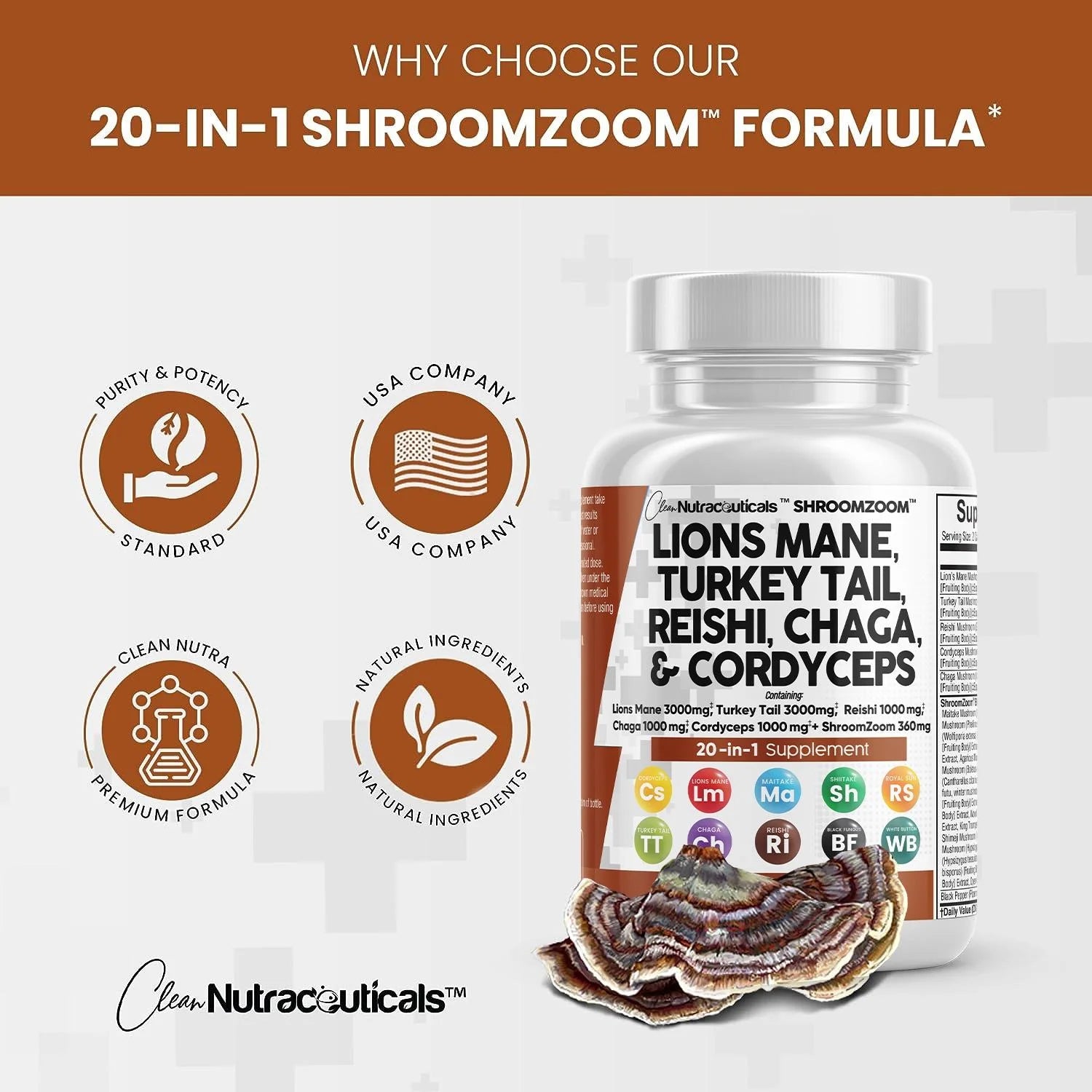 Lions Mane 3000mg 20in1 Mushroom Supplement with Turkey Tail, 60 Count N93354