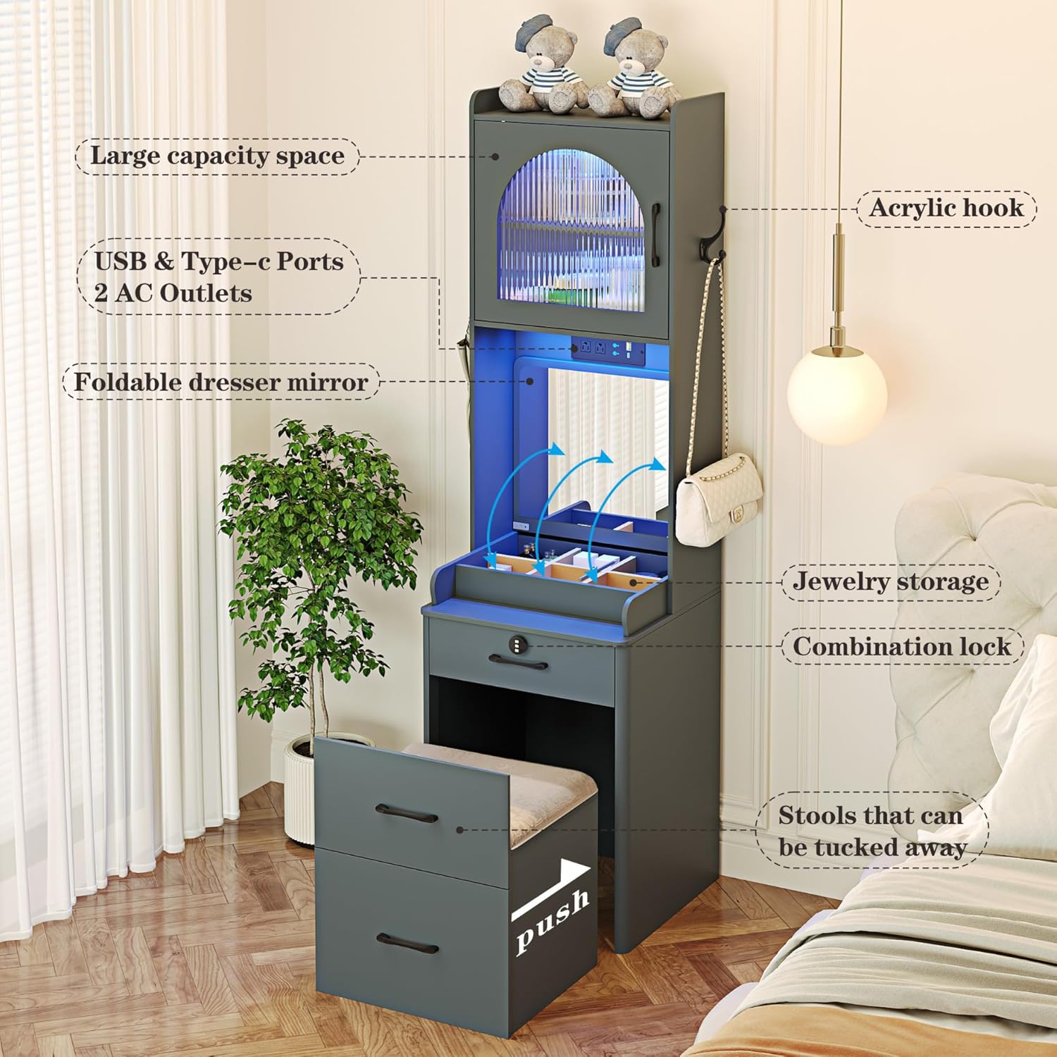 Vanity Desk with Mirror and Lights, Locking Drawers, Charging Station, Grey B88209