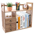Bamboo Desktop Bookshelf, Counter Top Bookcase Organizer, Office Desk Storage Display Shelf Rack with 3 Drawers for Office Supplies, Home, Bathroom, Makeup (Nut-Brown)