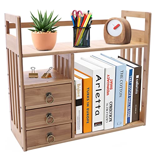 Bamboo Desktop Bookshelf, Counter Top Bookcase Organizer, Office Desk Storage Display Shelf Rack with 3 Drawers for Office Supplies, Home, Bathroom, Makeup (Nut-Brown)