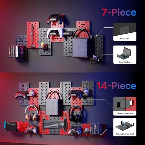 PEGZONE Controller and Headphone Holder Wall Mount, Modular Gaming Pegboard with Accessories, Black & Red R81990
