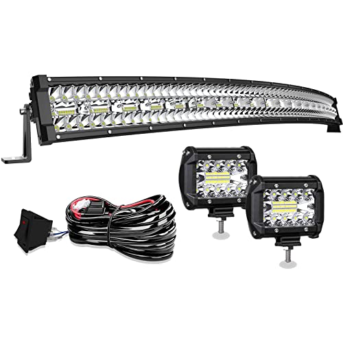 20 Inch LED Light Bar Triple Row 420W Flood Spot Combo Beam Off Road Lights 2pc 4 Inch 60W Led Fog Lights with Wiring Kit for Trucks ATV UTV Jeep Pickup Boats