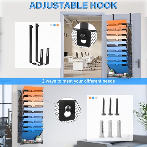 Wall File Organizer 10 Pocket Mesh Hanging Holder with Hooks, Black T910
