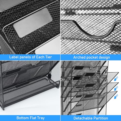Wall File Organizer 10 Pocket Mesh Hanging Holder with Hooks, Black T910