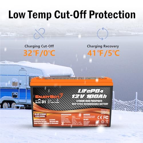 Enjoybot 12V 100Ah LiFePO4 Battery with 100A BMS, Group 31, Low Temp Cut Off A722