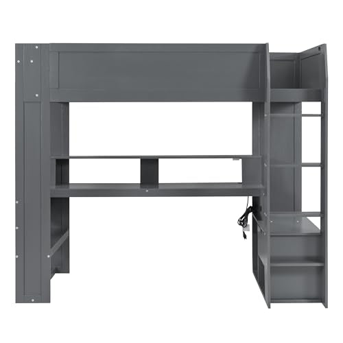 Wood Twin Size Gaming Loft Bed with Desk and Charging Station, Dark Gray A9765