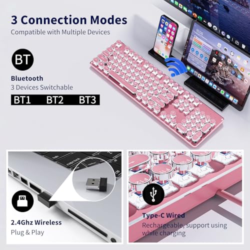 EWEADN TK950 Typewriter Keyboard Wireless Mechanical, 104 Keys, Blue Switch, Pink L801
