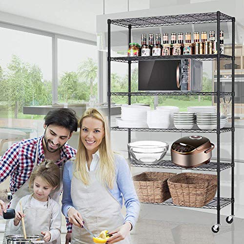 Metal Shelf 6 Tier Wire Shelving Unit with Wheels, Heavy Duty Storage Rack, Black K5176