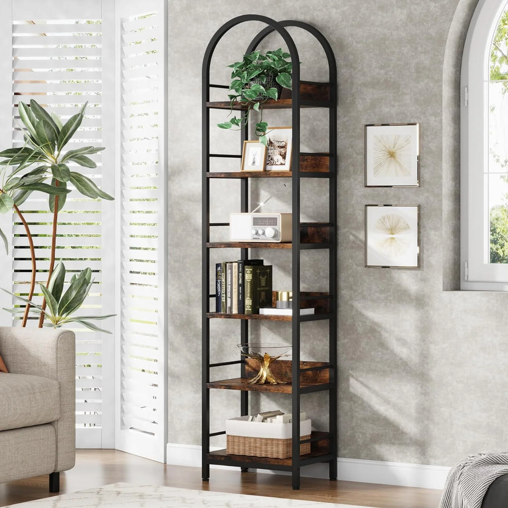 Tribesigns 6-Tier Open Bookshelf, 78.7" Tall Arched Bookcase Narrow Bookshelf with Metal Frame, Freestanding Corner Bookcase Display Shelves for Living Room, Home Office, Rustic Brown