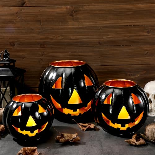 3 Sets Halloween Metal Jack O Lanterns with LED Candles and Black Cloth Decor X7670