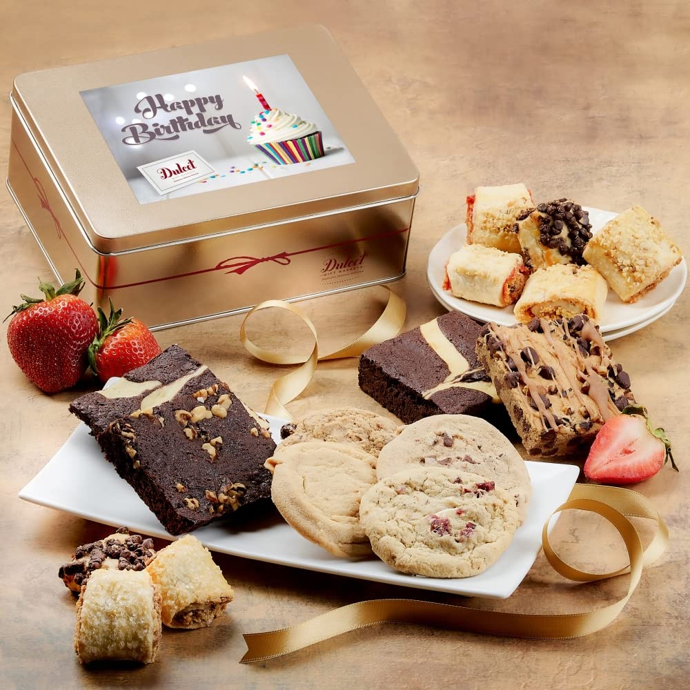 Dulcet Gift Baskets Signature Bakery Happy Birthday Celebration Gift Tin- With Fresh Baked Cookies, Fudge Brownies & Flaky Rugelah- Balloons & Candles, Great for Birthday parties & Celebration- Mom, Dad, Him, Her,