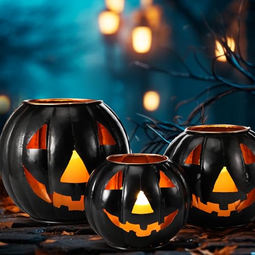3 Sets Halloween Metal Jack O Lanterns with LED Candles and Black Cloth Decor X7670