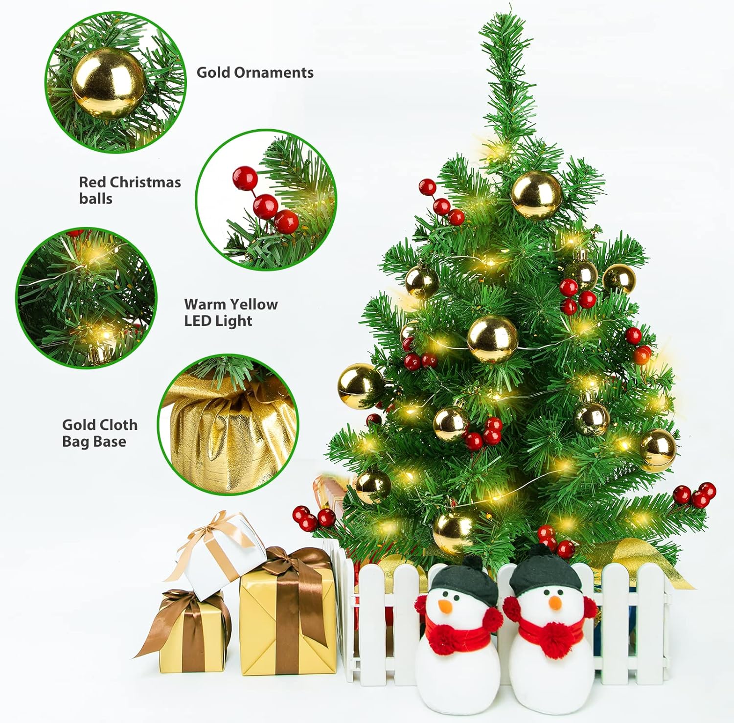 Mini Prelit Christmas Tree 22in with LED Lights and Gold Ornaments I1726