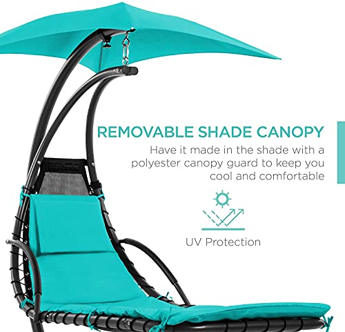 Outdoor Hanging Curved Steel Chaise Lounge Swing with Pillow and Canopy, Teal B7476