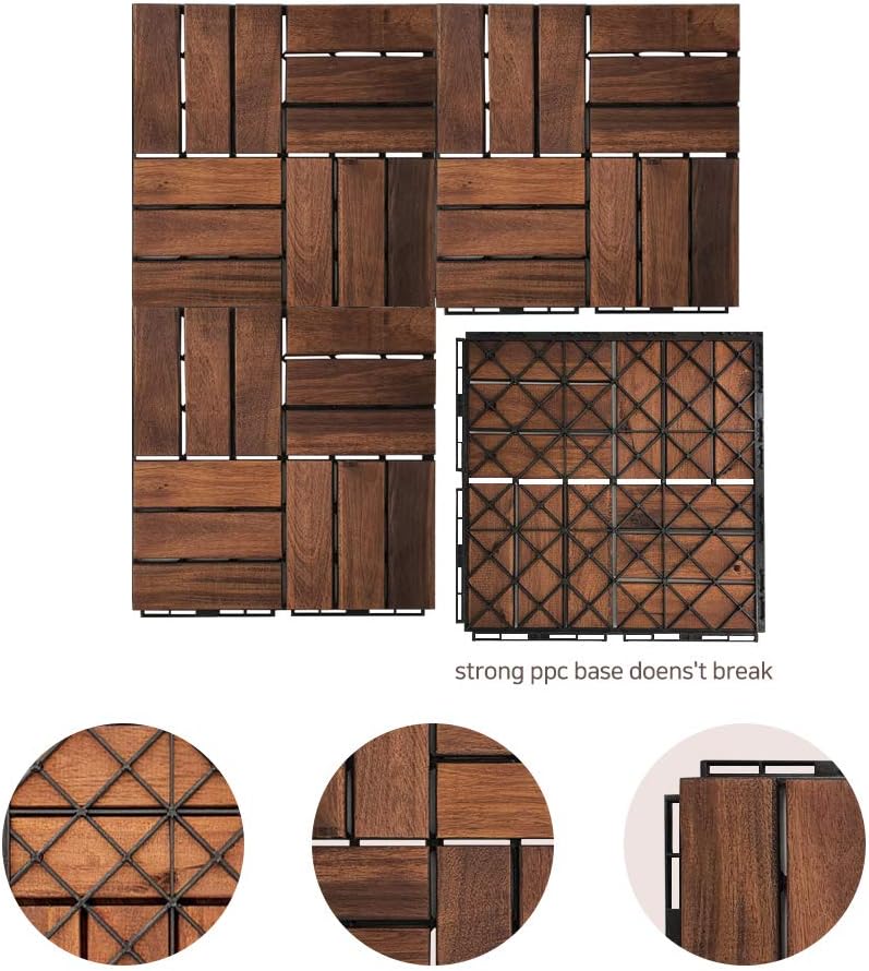 Acacia Hardwood Interlocking Deck Tiles - Walnut Grid - 12"x12" 9pcs G147