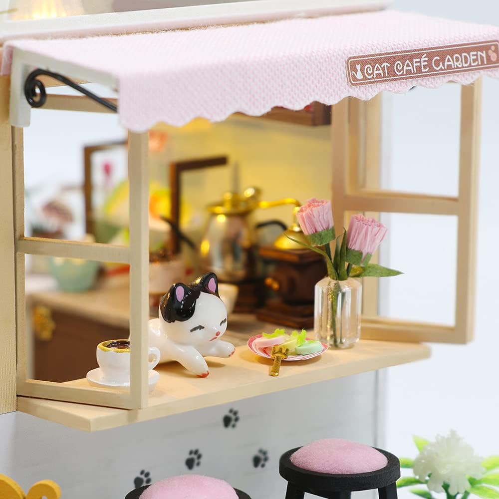 CUTEBEE DIY Wooden Dollhouse Kit with Furniture, Cat Coffee Garden M639761