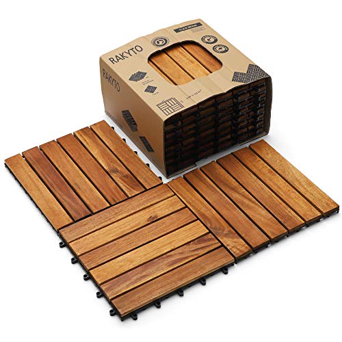 Interlocking Deck Tile (Pack of 10, 12"x12") Acacia Hardwood Deck Tile, Interlocking Patio Tile in Solid Acacia Wooden Oiled Finish Waterproof all Weather Perfect for Indoor Outdoor(Golden Teak Color)