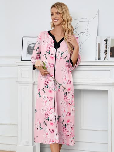 PITINAN Moo Moo Nightgown Zip up House Dress for Women Long Lounge Dress S-3XL K88118