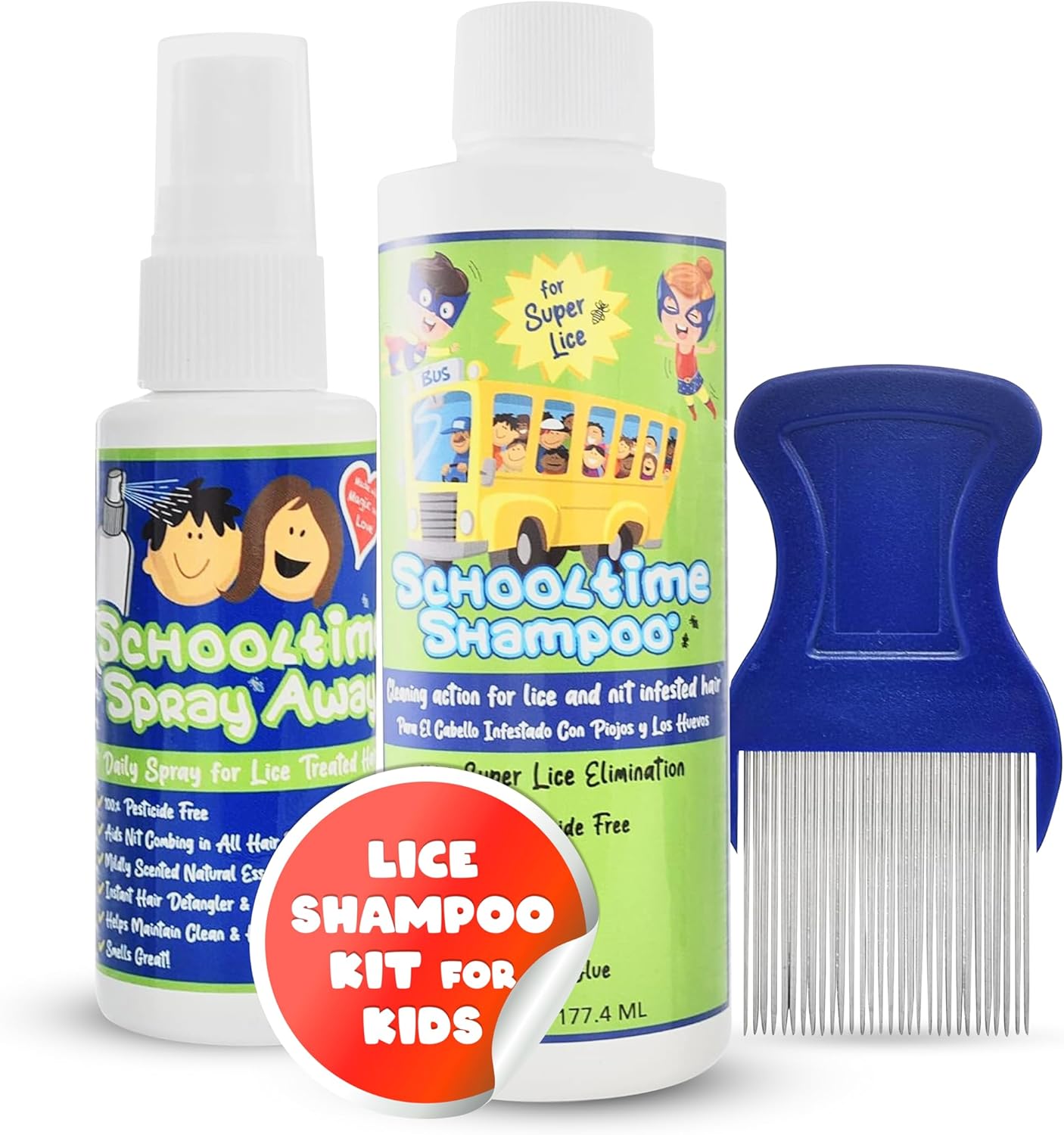 Lice Elimination Kit for Kids by Schooltime - includes 6 oz Shampoo, 2 oz Spray Away with Stainless Steel Comb - Solution for Total Lice Removal & Prevention - Safe & Ideal for Young School Children