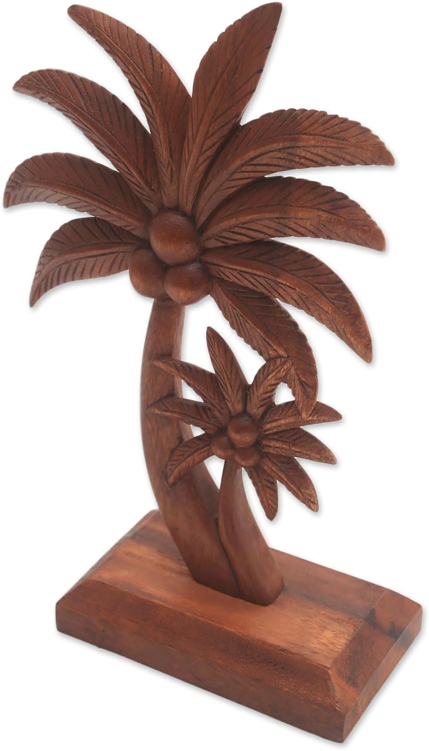 NOVICA Artisan Handcarved Wood Statuette Coconut Tree from Bali Brown Indonesia Sculpture Leaf Nature Tropical Decor F287