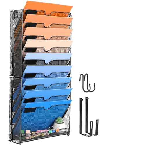 Wall File Organizer, 10 Pockets Mesh Hanging File Organizer, Wall Mount File Paper Folder Holder With Hooks, Wall Organizer Magazine Document Mail for Office School, Black