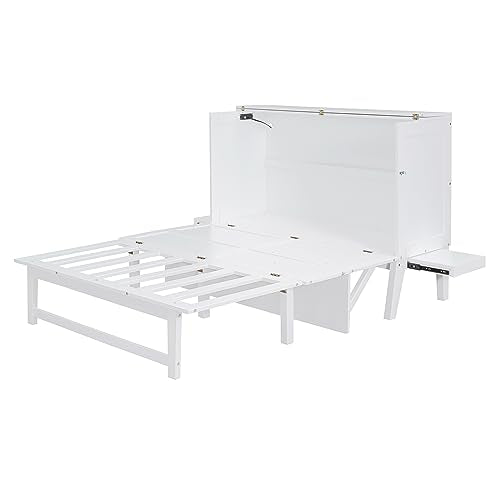 Queen Size Murphy Bed with Bookcase, Foldable Wood Frame with Storage Drawer, White D94283