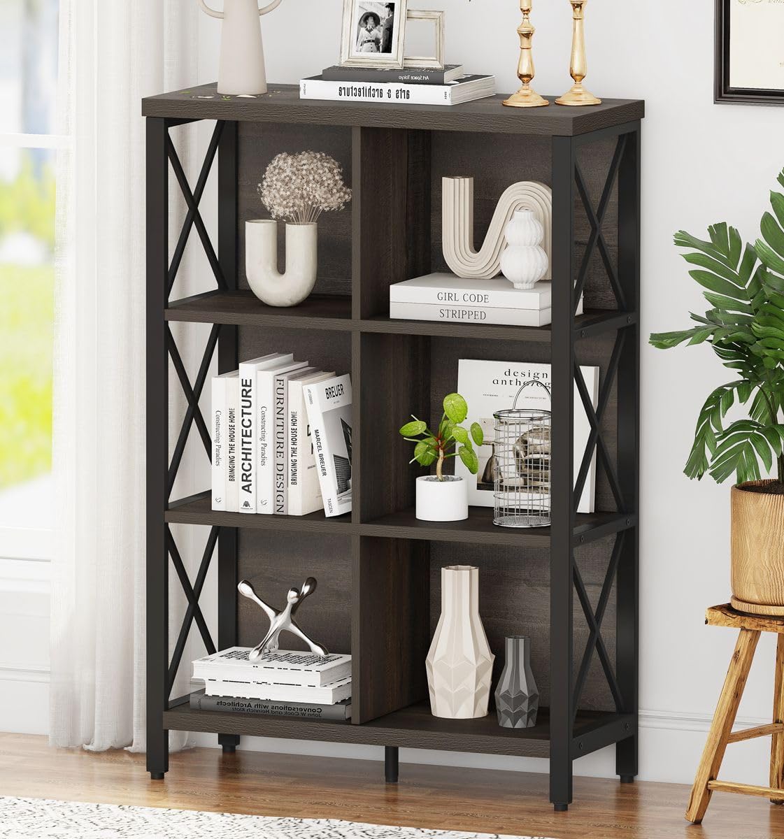 FATORRI Industrial Cube Bookcases and Bookshelves Walnut Brown U5827