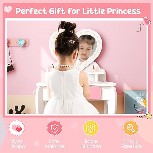Costzon Kids Vanity Set 2 in 1 Princess Makeup Dressing Table & Chair with Detachable Tri-fold Mirror, White M683