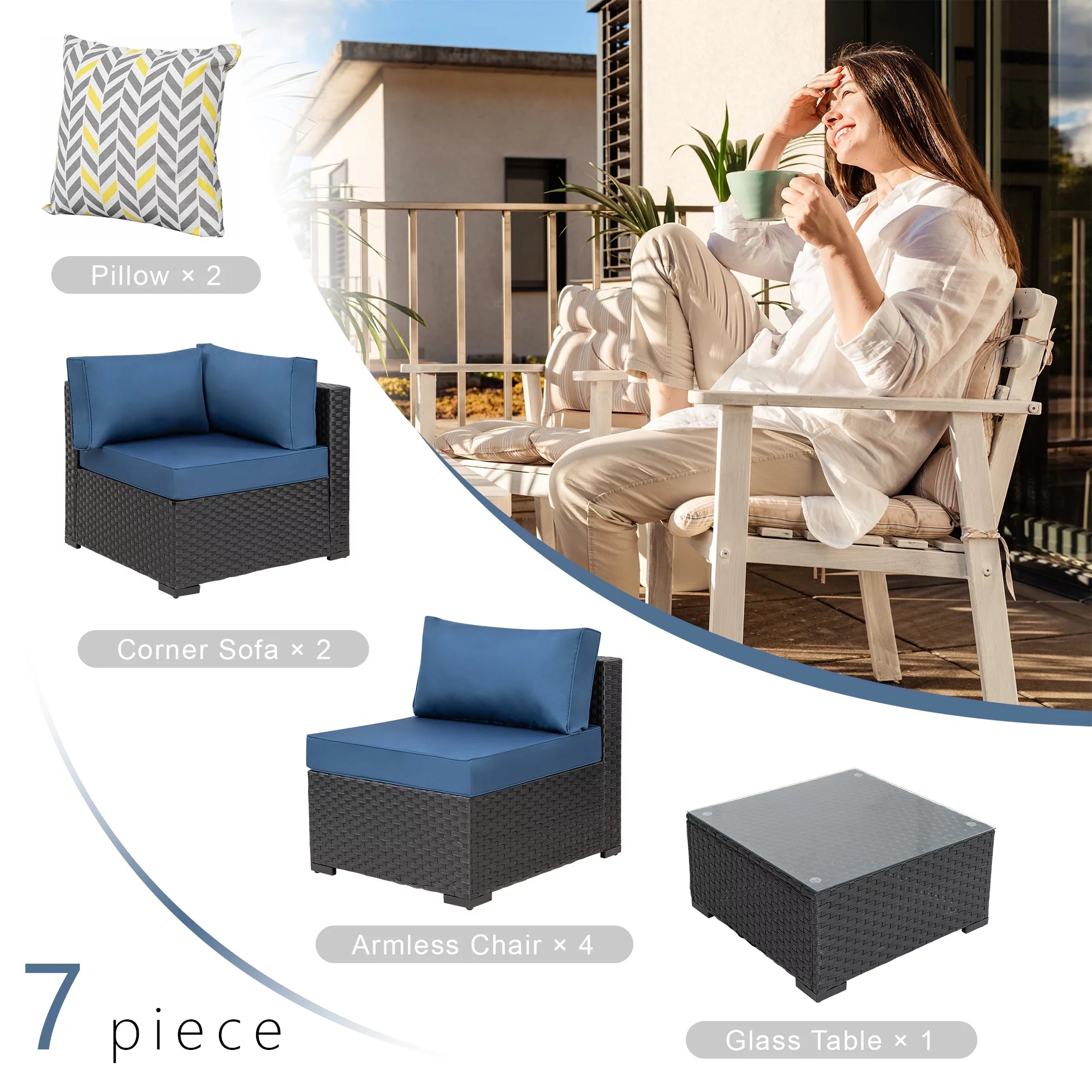 7 Piece Outdoor Sectional Sofa Set with Wicker Frame and Cushions U4327