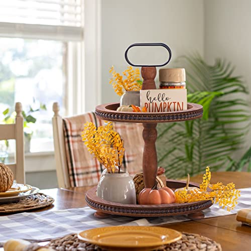 Urban Deco Wooden Two Tiered Serving Tray with Metal Handle, Dark Brown J2052