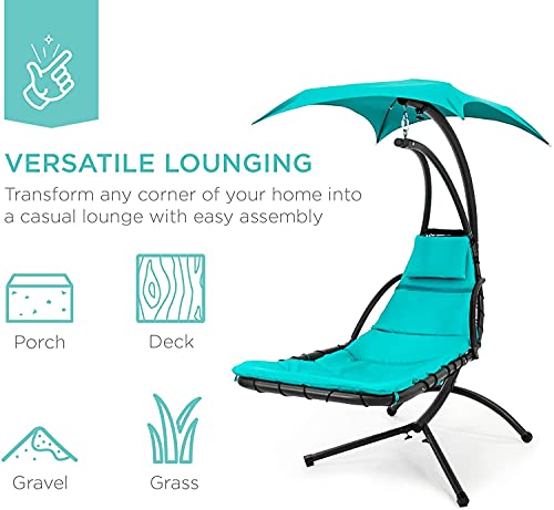 Outdoor Hanging Curved Steel Chaise Lounge Swing with Pillow and Canopy, Teal B7476