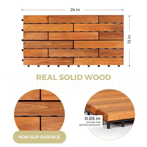 Solid Wood Interlocking Deck Tiles (Pack of 6, 24" x 12") Acacia, Indoor Outdoor, Waterproof W384040