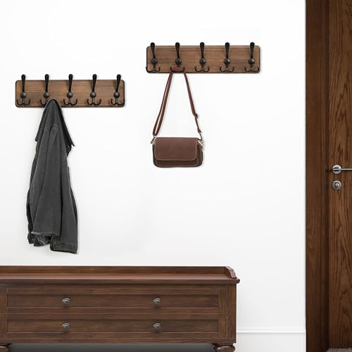 WEBI Coat Rack Wall Mounted, 16" Hole to Hole, 5 Triple Hooks, Black, 2 Packs V713322