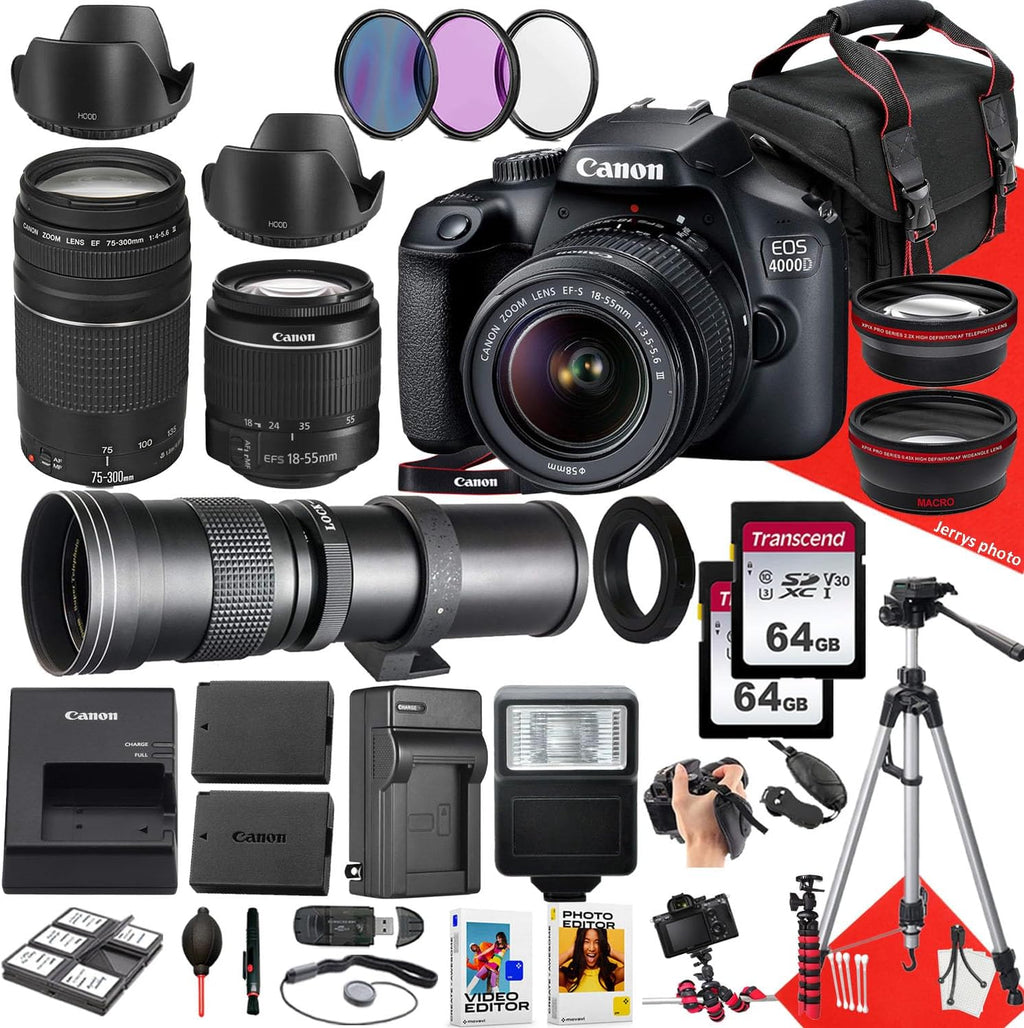 Canon EOS 4000D / Rebel T100 DSLR Camera with Canon EF-S 18-55mm F/3.5-5.6 DC III Zoom, EF 75-300mm f/4-5.6 III and 420-800mm f/8.3 HD Lens + 128 GB Memory + Filters + More (34pc Bundle) (Renewed)