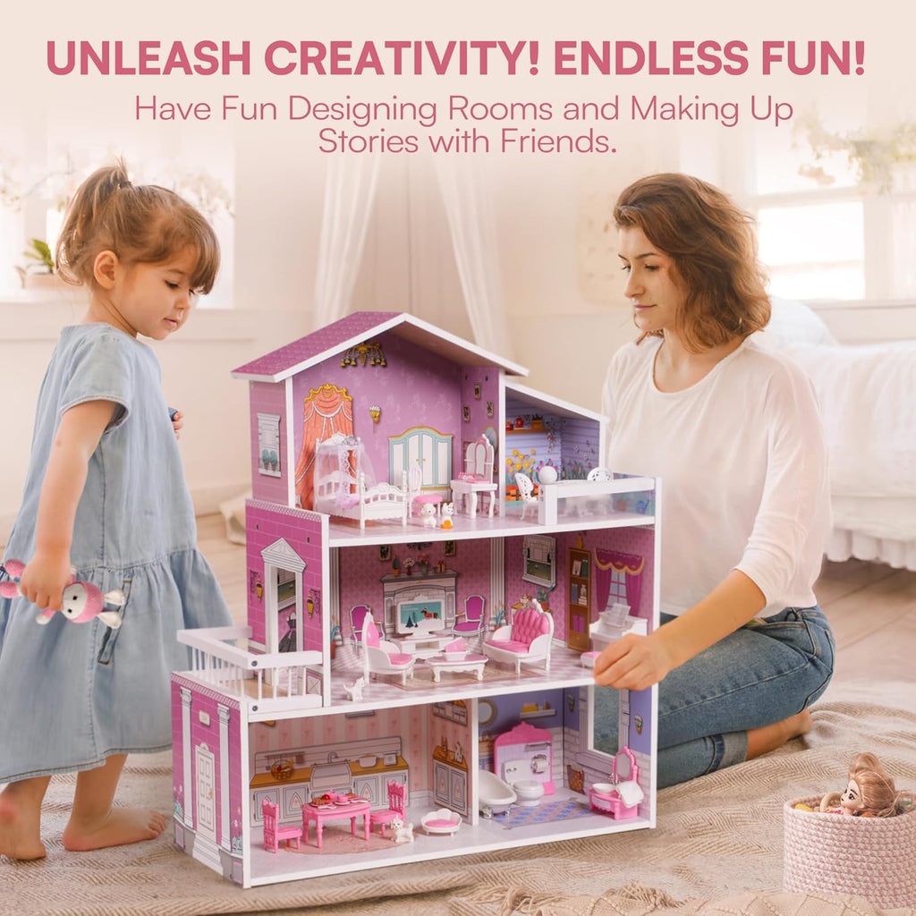ROBUD Wooden Dollhouse Playset with 24 PCS Furniture for Kids G8520