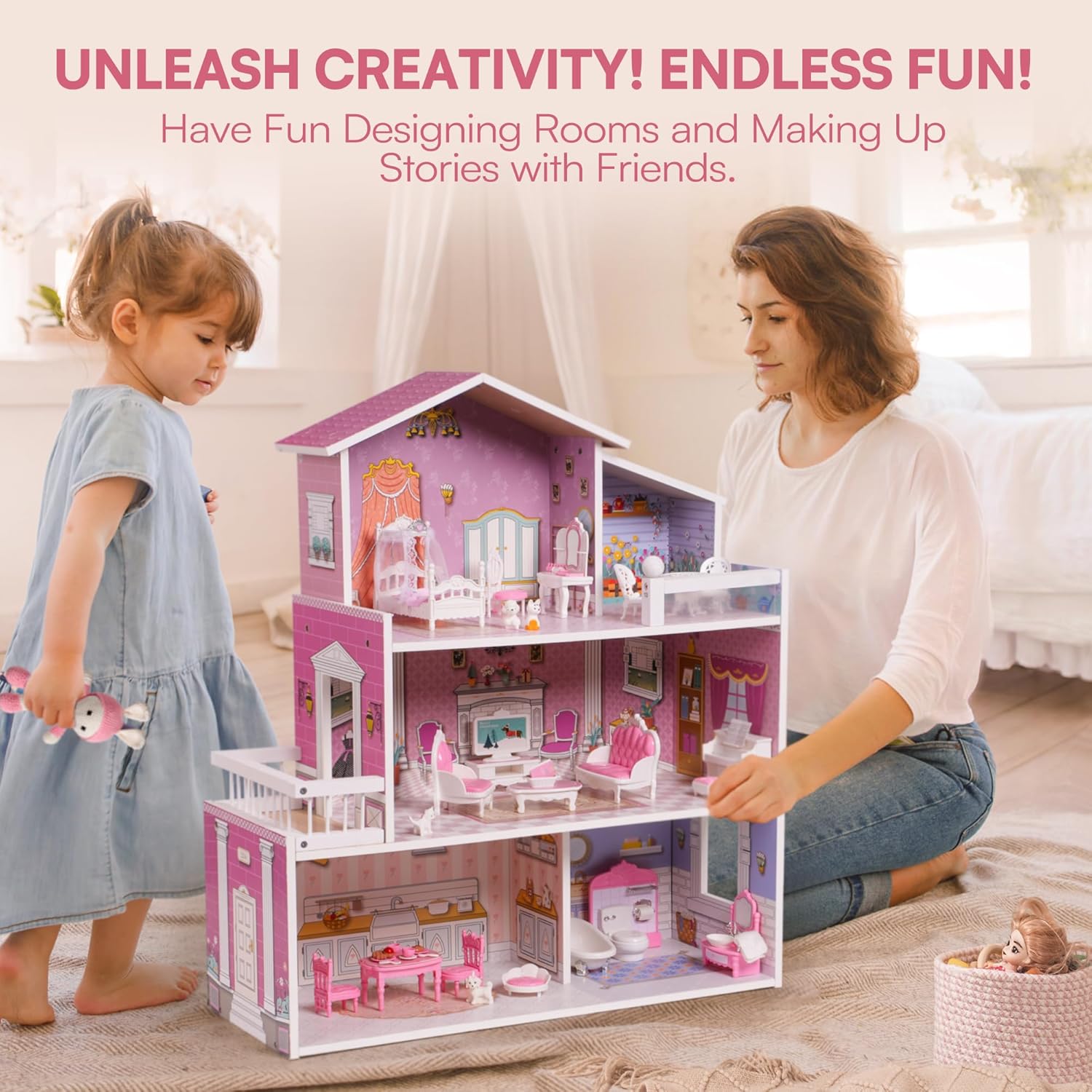 ROBUD Wooden Dollhouse Playset with 24 PCS Furniture for Kids G8520