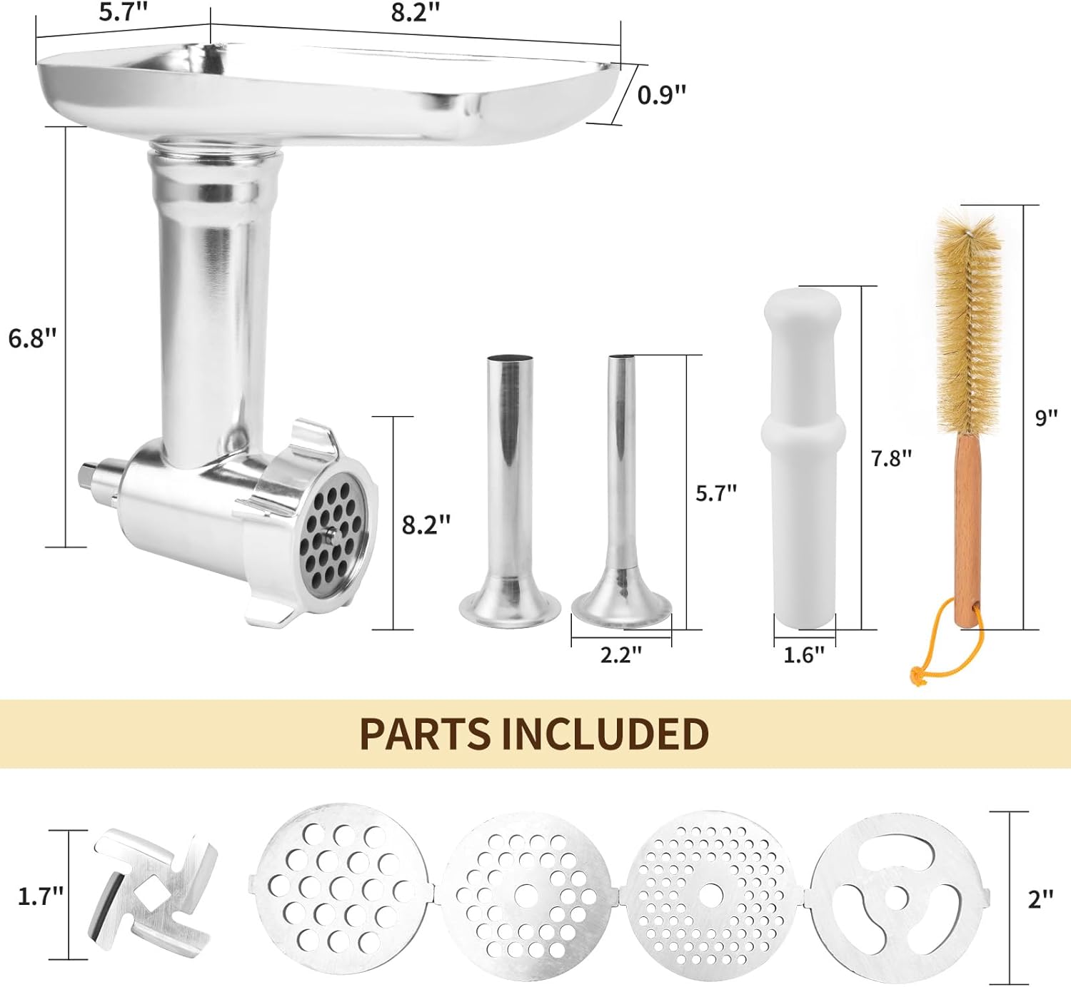 Meat Grinder Attachment for KitchenAid Stand Mixer, Silver, 3 Sausage Stuffer Tubes A671