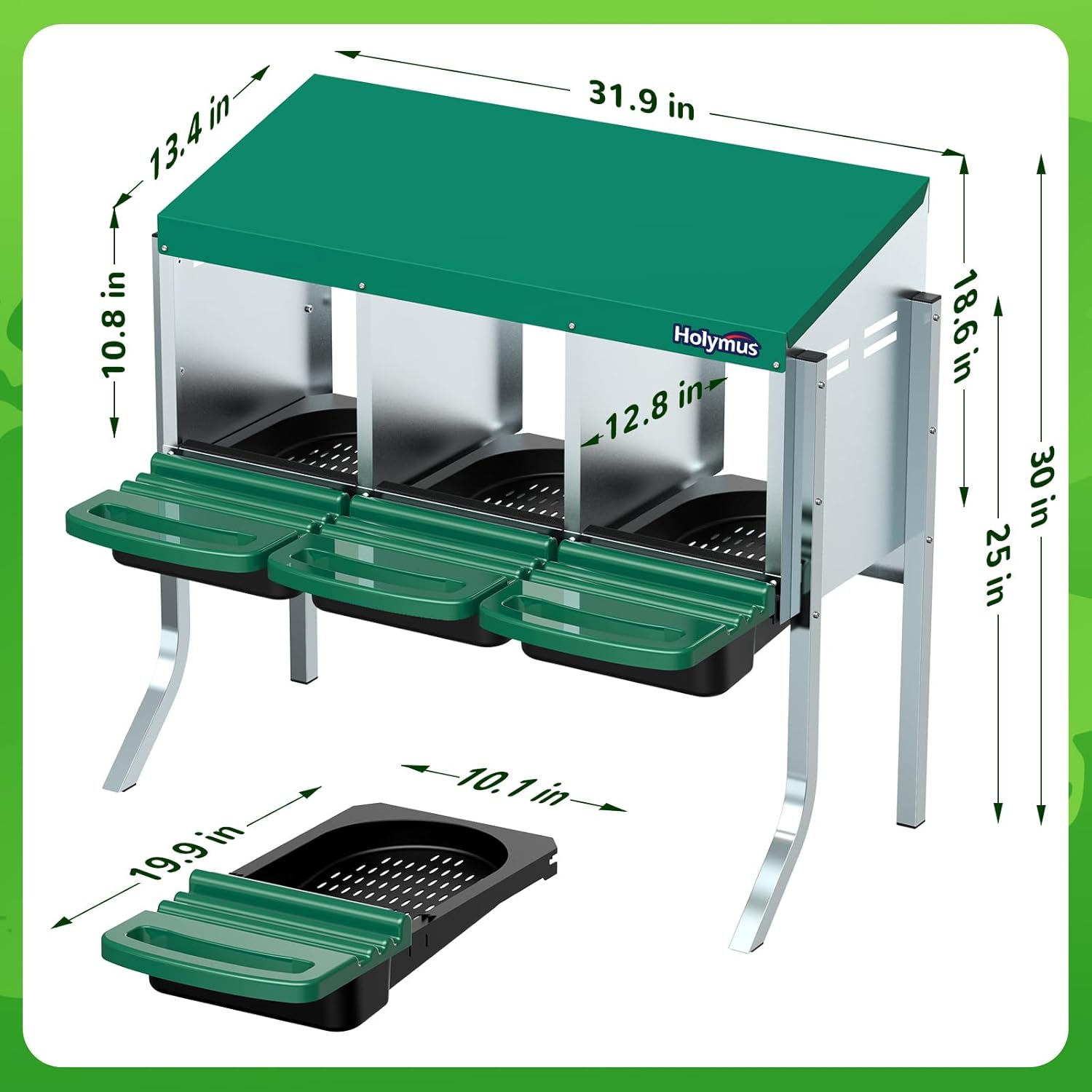 Chicken Nesting Box with Metal Legs, 3 Holes, Green P6033