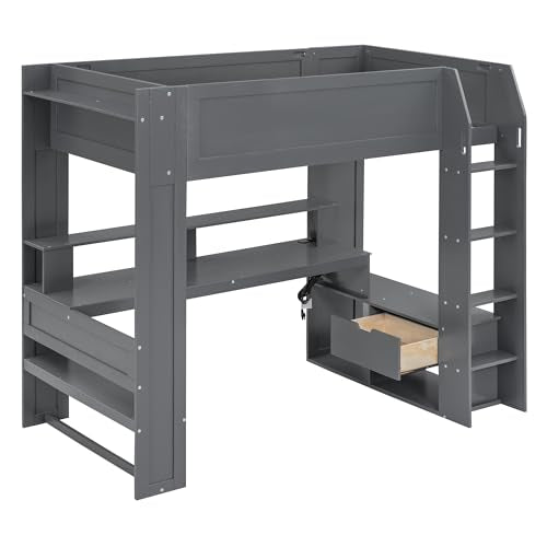 Wood Twin Size Gaming Loft Bed with Desk and Charging Station, Dark Gray A9765