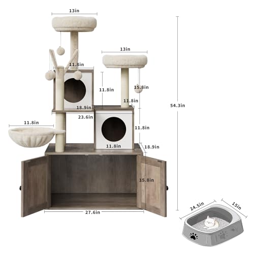 57.5-Inch Cat Tree with Litter Box Enclosure, Oak Brown D61275