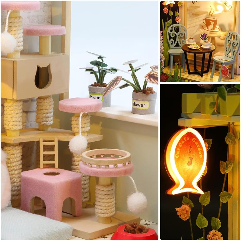 CUTEBEE DIY Wooden Dollhouse Kit with Furniture, Cat Coffee Garden M639761