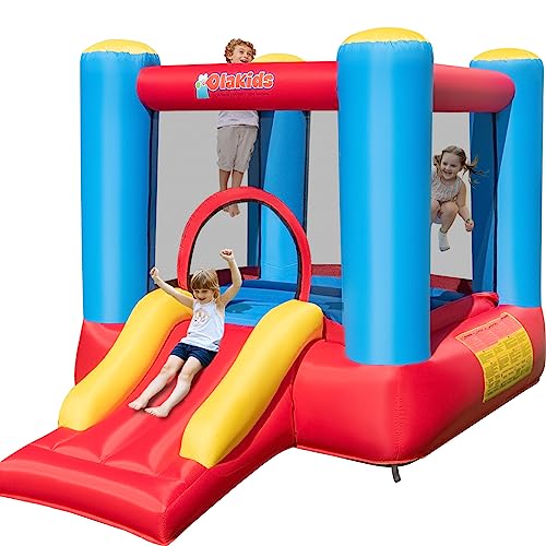 OLAKIDS Inflatable Bounce House, 3 in 1 Kids Jumping Castle with Large Bouncing Area, Slide, Basketball Rim, Indoor Outdoor Inflatable Obstacle Course with Carry Bag, Repair Kit (Without Blower)