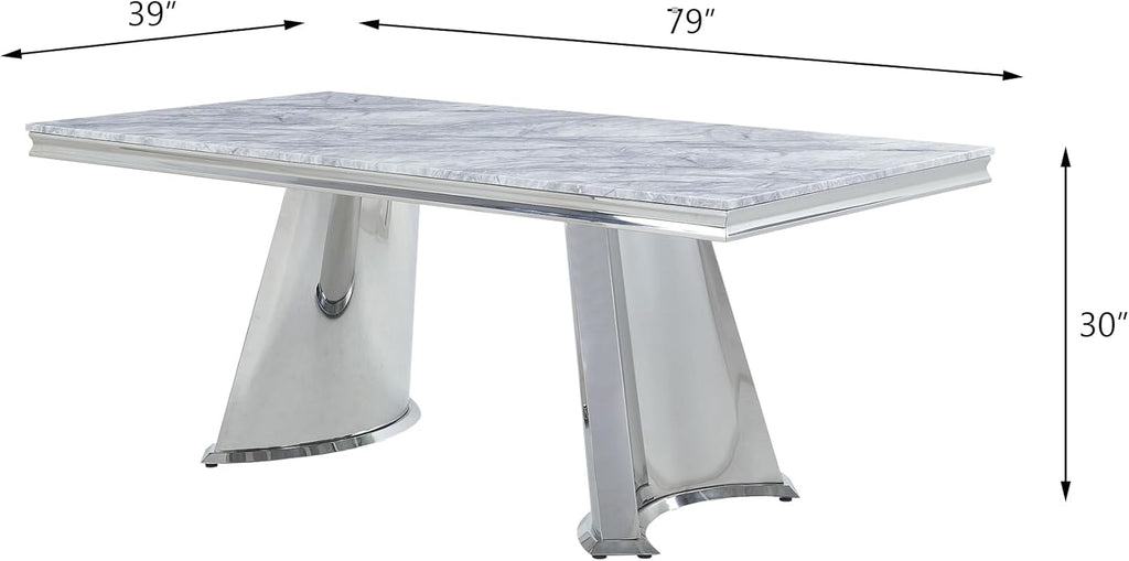 Acme Destry Dining Table Faux Marble Top Mirrored Silver N3023
