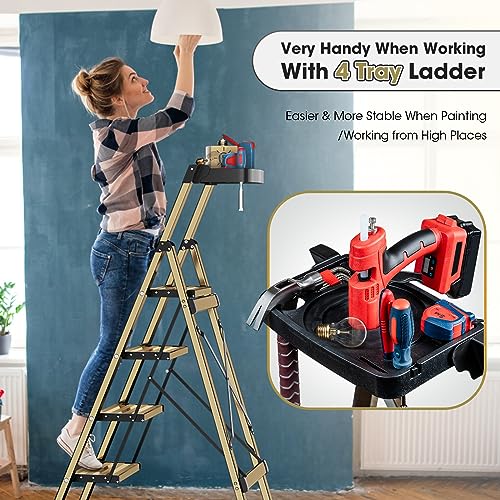 4 Step Folding Ladder with Anti-Slip Pedal, Aluminum, Gold with Tray I29145