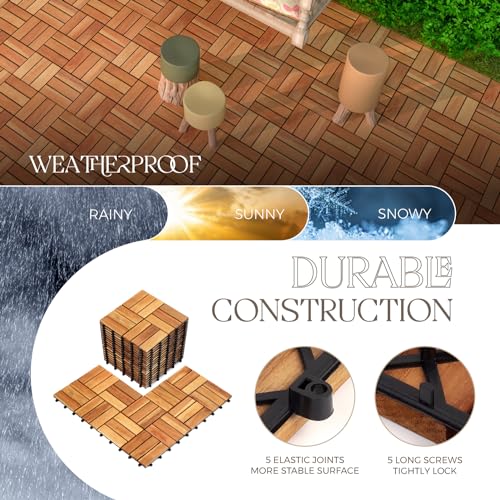 20 Pack Solid Acacia Wood Deck Tiles, Interlocking Outdoor Patio Flooring, 12"x12" Golden Teak Z91235