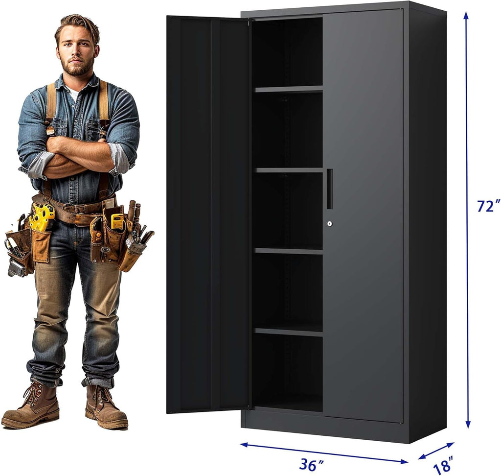 72" Metal Garage Storage Cabinet, Black Locking Cabinet with 4 Shelves B929240