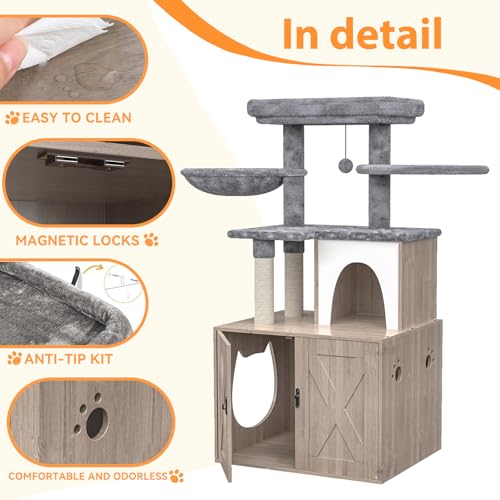 Litter Box Enclosure with Cat Tree and Scratching Post, Grey F704146