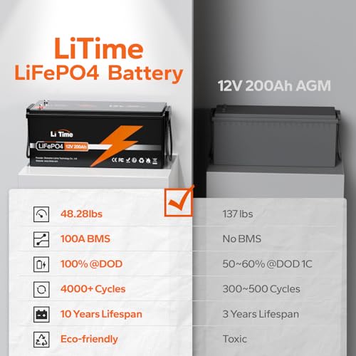 Litime 12V 200Ah LiFePO4 Battery with 100A BMS for RV, Solar, and Off-Grid D8256